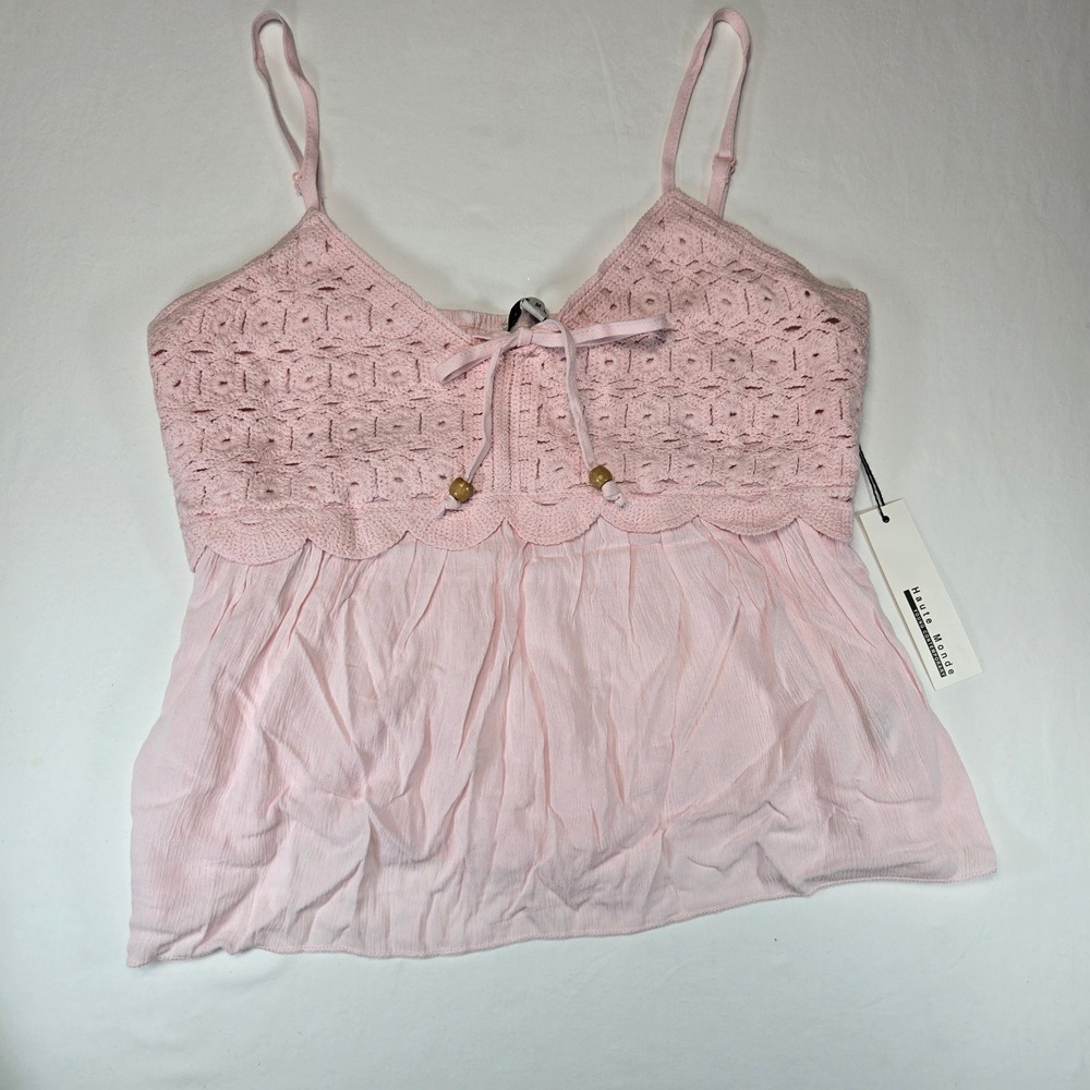 Haute Monde Pink Crochet Peplum Camisole Top Boho Smocked Back NWT